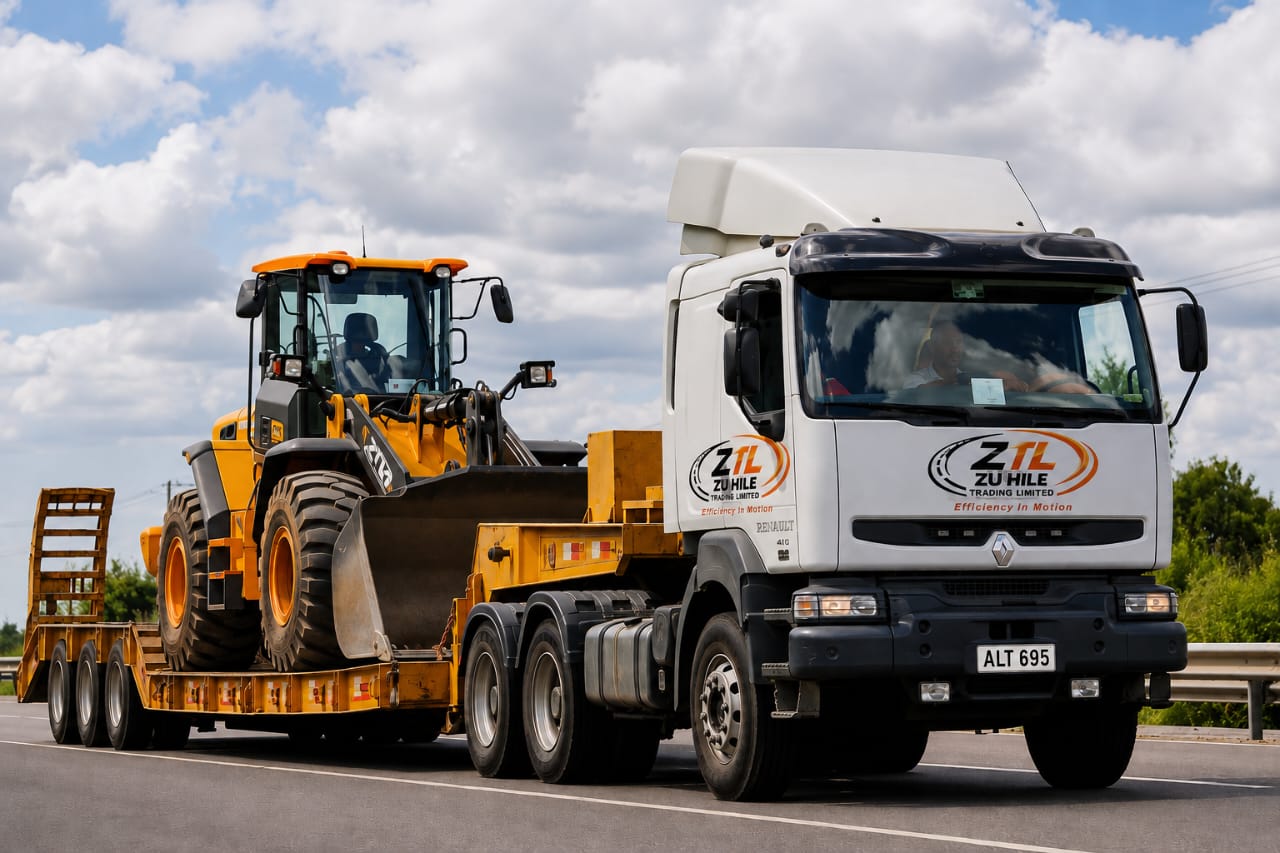 Zuhile Trading Limited truck hauling a wheel loader on a lowbed trailer